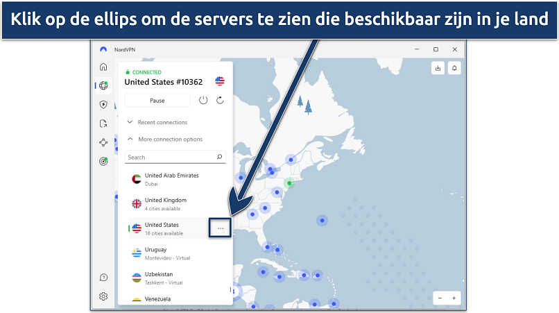 Screenshot die laat zien hoe je verschillende servers kunt vinden op de NordVPN app