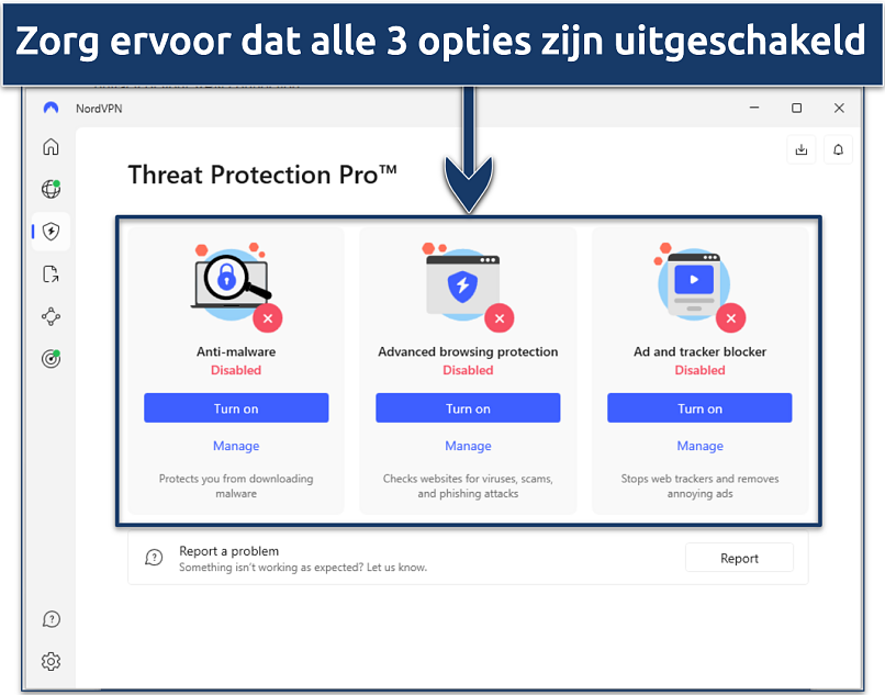 Screenshot die laat zien hoe je Threat Protection Pro uitschakelt op de NordVPN Windows app