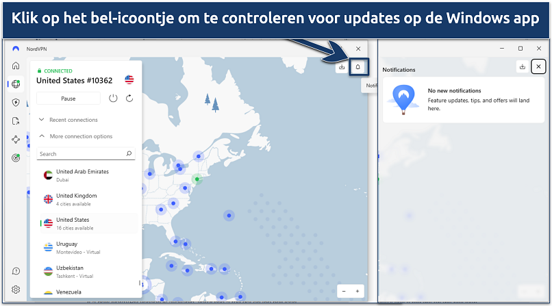 Screenshot die laat zien hoe je kunt controleren voor updates op de NordVPN Windows app