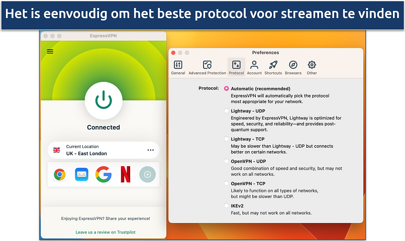 Screenshot van de protocollenlijst in de ExpressVPN-app