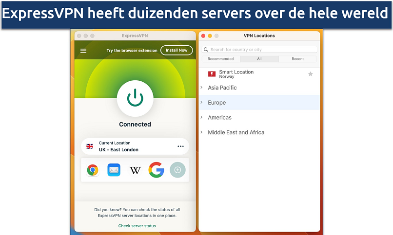 Screenshot van de serverlocaties in de ExpressVPN-app