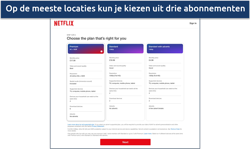 Screenshot van de drie beschikbare prijsplannen voor Netflix VK