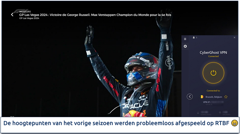 Streaming van de hoogtepunten van het F1-seizoen op RTBF verbonden met een Belgische server van CyberGhost