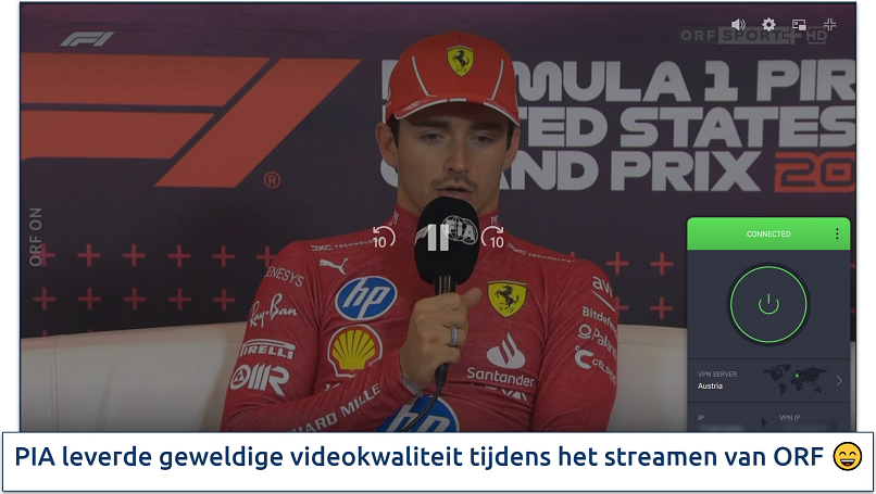 Streaming van F1 op ORF Sport verbonden met een Oostenrijkse server van PIA