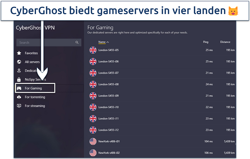 Screenshot met een lijst van CyberGhost's game-geoptimaliseerde servers