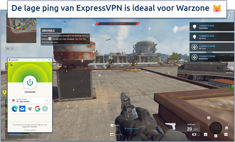 Screenshot van Warzone gameplay met ExpressVPN verbonden