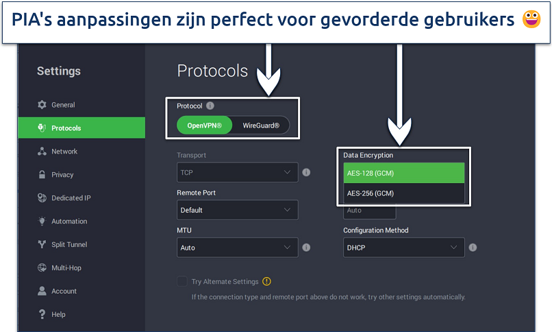 Screenshot waarop te zien is hoe je je VPN-verbinding met PIA kunt aanpassen