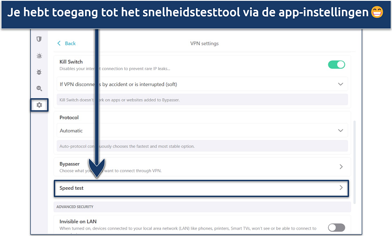 Screenshot die laat zien hoe je toegang krijgt tot Surfshark's snelheidstestgereedschap