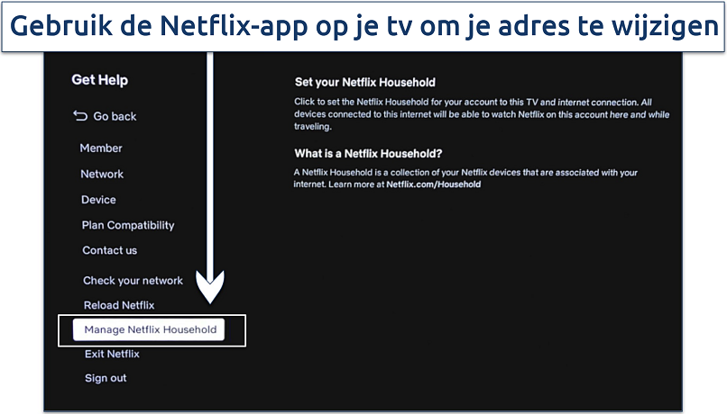 Screenshot waarop te zien is hoe je je Netflix-thuisadres wijzigt in de smart-tv-app