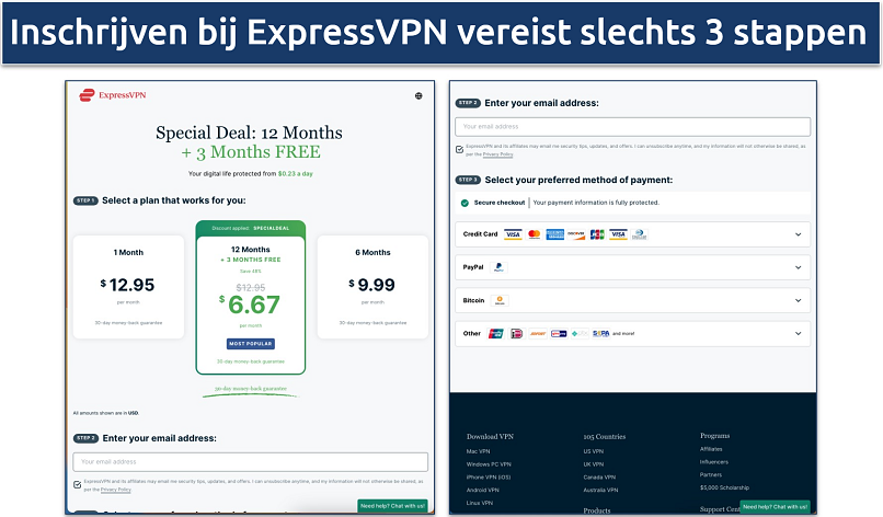 Screenshot van de inschrijfpagina van ExpressVPN