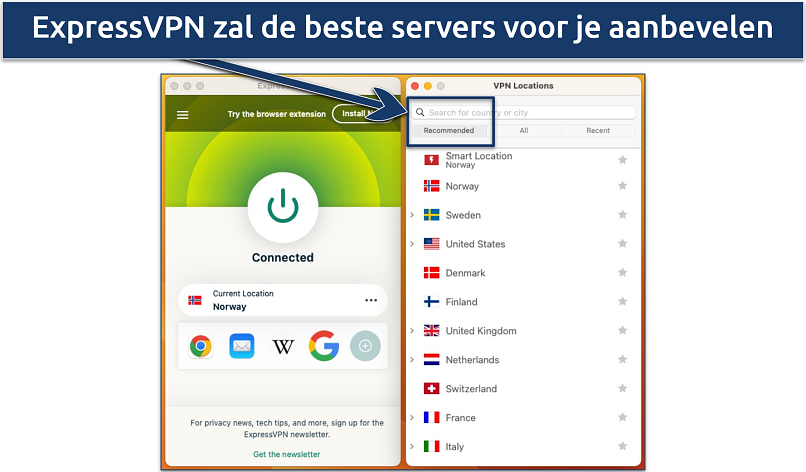 Screenshot van de serverlijst in de ExpressVPN app