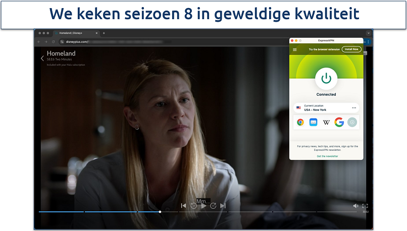 Screenshot van Homeland streaming op Disney Plus met de ExpressVPN app op de achtergrond