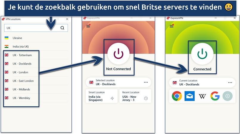 Screenshot showing the UK servers available on ExpressVPN, with a connection to one of them