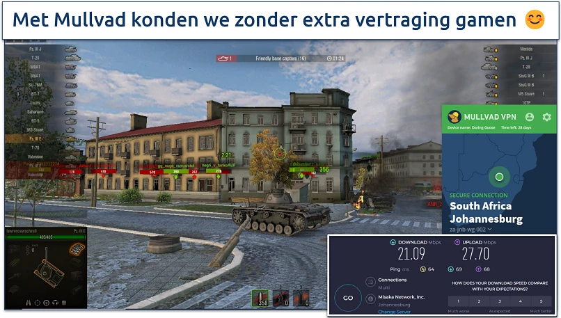 Screenshot of World of Tanks being played while connected to Mullvad's Johannesburg South Africa server