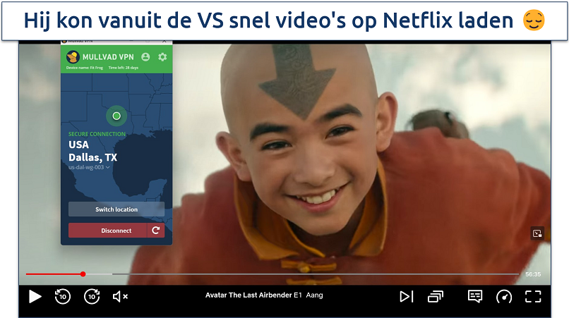 Screenshot of Netflix player streaming Avatar The Last Airbender while connected to a Dallas Mullvad VPN server 