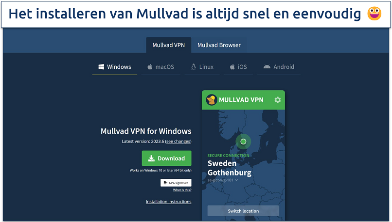 Screenshot of the Mullvad websites' download page highlighting where to get in the install file for Windows