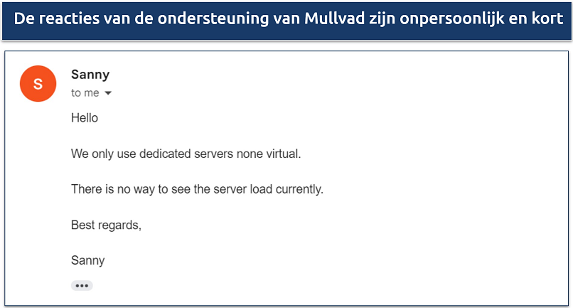 Screenshot of email response from Mullvad support about dedicated servers, virtual servers, and server load percentages 