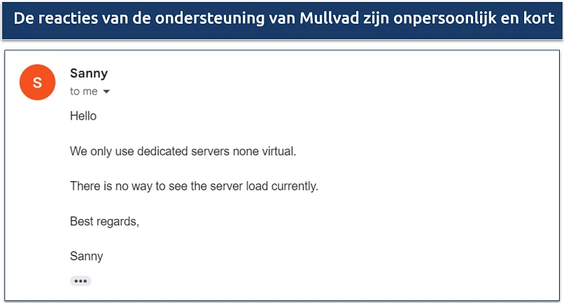 Screenshot of email response from Mullvad support about dedicated servers, virtual servers, and server load percentages 