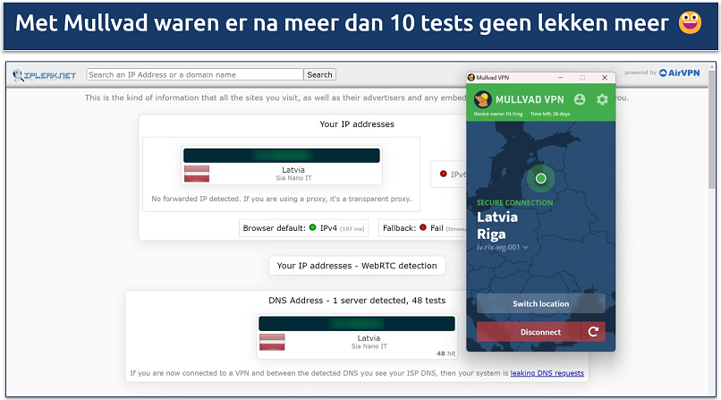 Screenshot of leak tests on ipleak.net done while connected to Mullvad's Latvia server