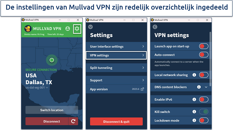 Screenshot of Mullvad's Windows app showing its various settings menus