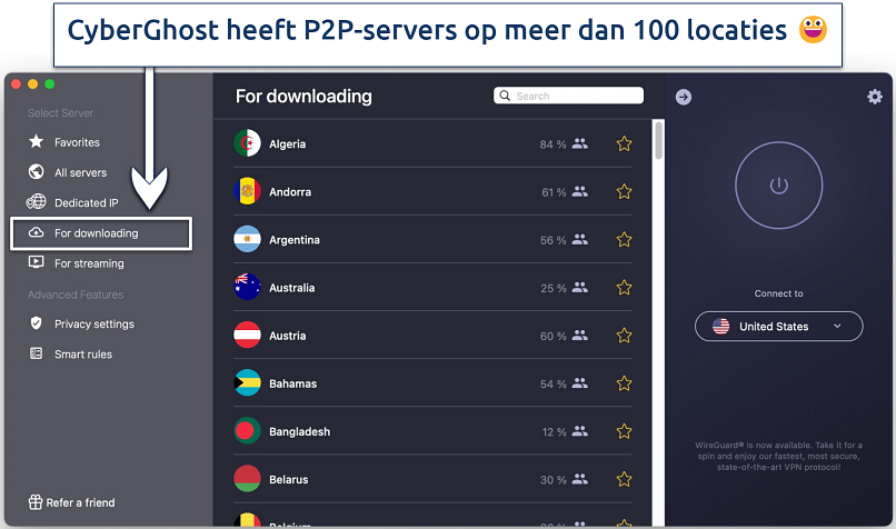Screenshot showing CyberGhost's specialty P2P For downloading servers