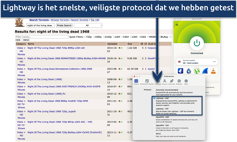 Screenshot showing how to switch protocols on the ExpressVPN app over a piratebay.org browser page