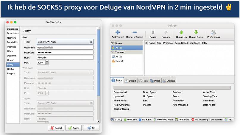 Screenshot showing how to configure NordVPN's SOCKS5 proxy to Deluge