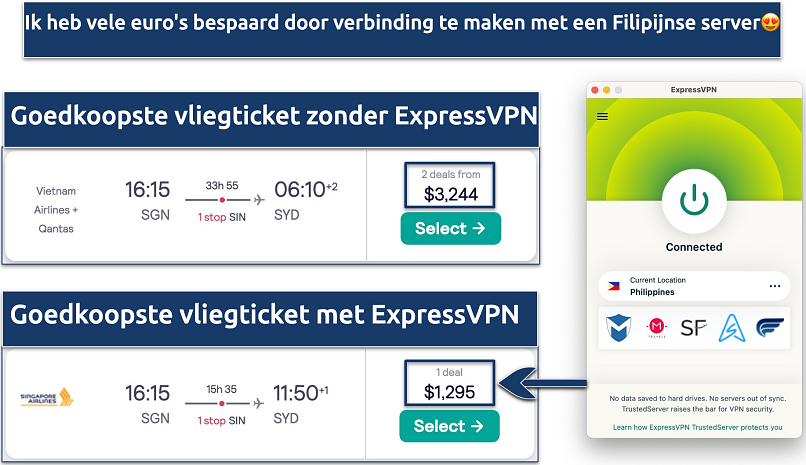 Screenshot showing savings made on a single flight fare with ExpressVPN