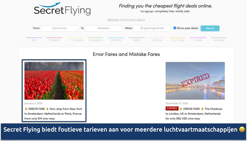 Screenshot showing the Secret Flying homepage