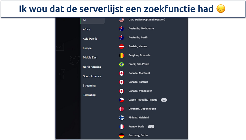 Screenshot van de serverlijst van AVG Secure VPN in de Windows-toepassing
