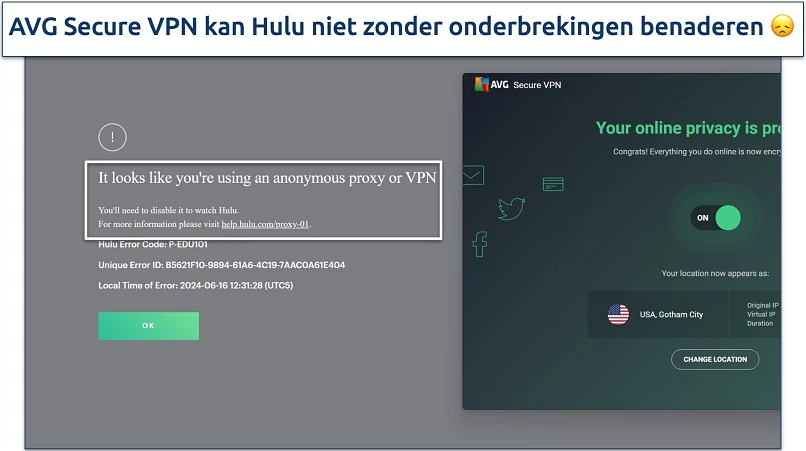 Screenshot van Hulu-speler die een foutmelding weergeeft terwijl verbonden met de Gotham City-server van AVG Secure VPN 