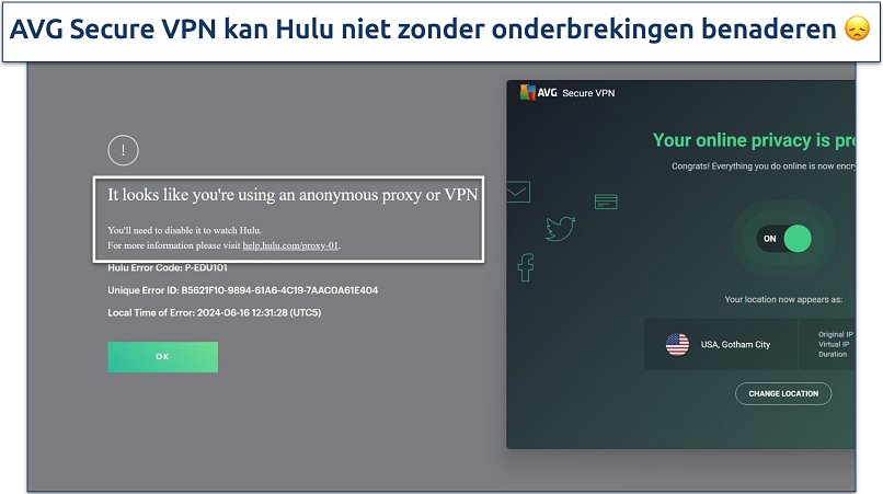 Screenshot van Hulu-speler die een foutmelding weergeeft terwijl verbonden met de Gotham City-server van AVG Secure VPN