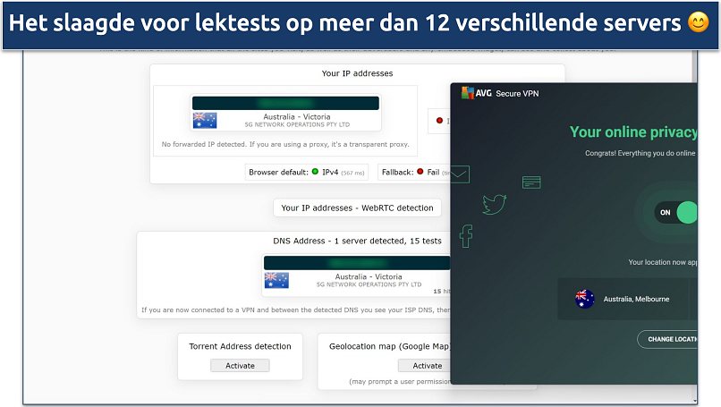 Screenshot van AVG Secure VPN die onze locatie verbergt tijdens een lektest op ipleak.net terwijl we verbonden waren met de Melbourne server