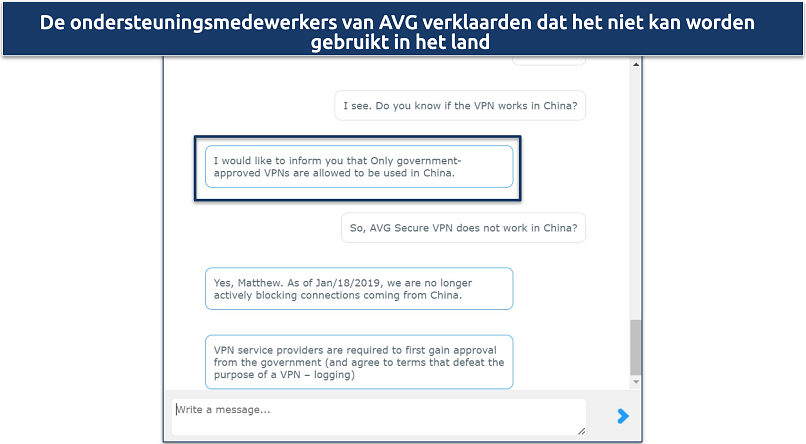 Screenshot van een gesprek met de ondersteuningsmedewerkers van AVG via hun 24/7 live chat waarin ze beweren dat het niet kan worden gebruikt in China.