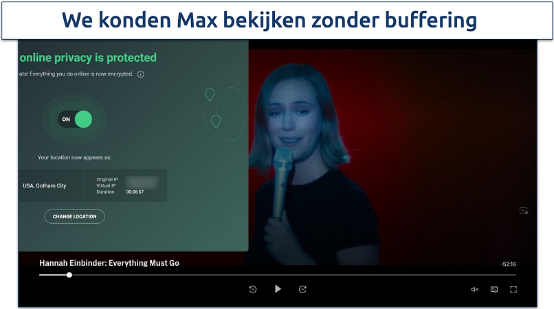 Screenshot van de Max-speler die Hannah Einbinder: Everything Must Go streamt terwijl we verbonden waren met de Gotham City-server van AVG Secure VPN