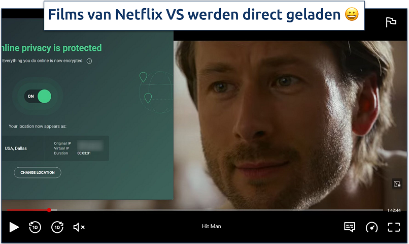 Screenshot van de Netflix Player die Hit Man streamt terwijl verbonden met de Dallas-server van AVG Secure VPN