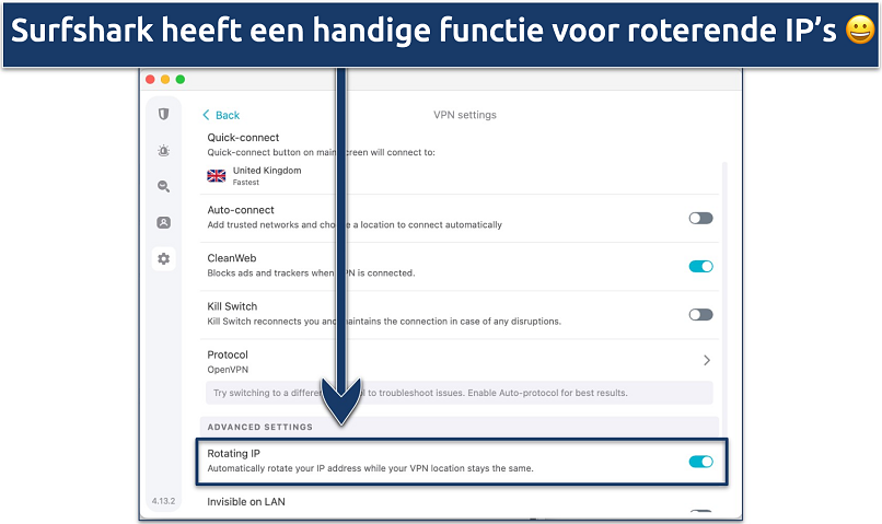 Screenshot of Surfshark's Settings menus with the Rotating IP feature highlighted