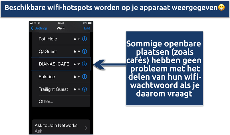 Screenshot showing the available WiFi hotspots on an iPhone