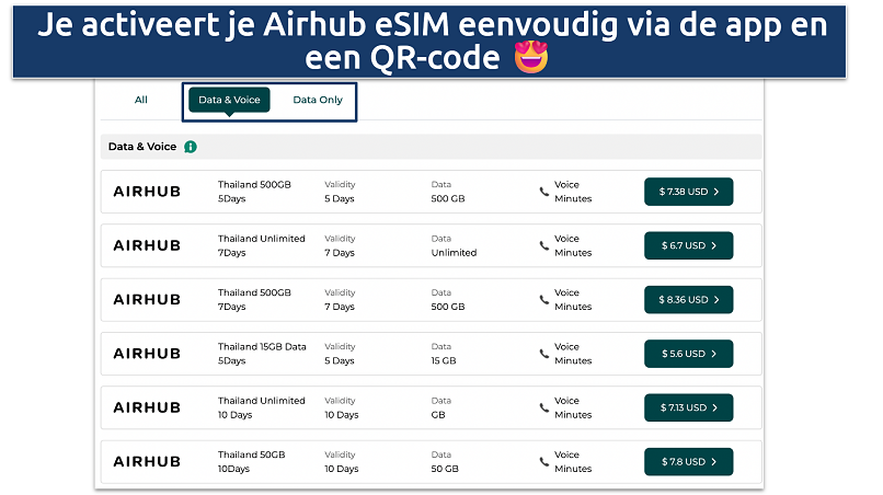 Screenshot of the Airhub eSIM plans for Thailand