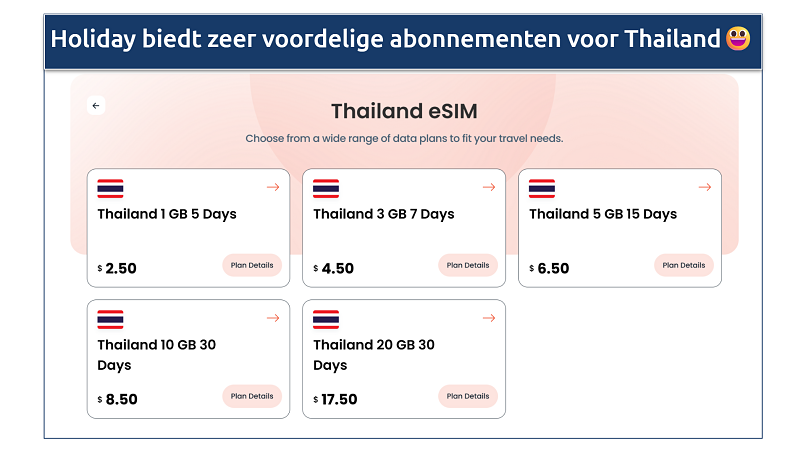 A screenshot showing the Holiday eSIM options for Thailand