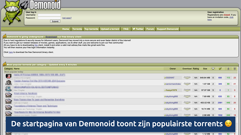 Screenshot of the Demonoid homepage