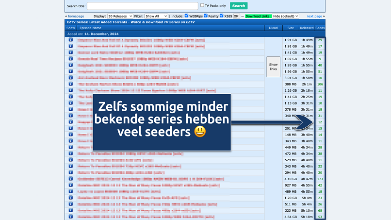 Screenshot of the eztv search results page