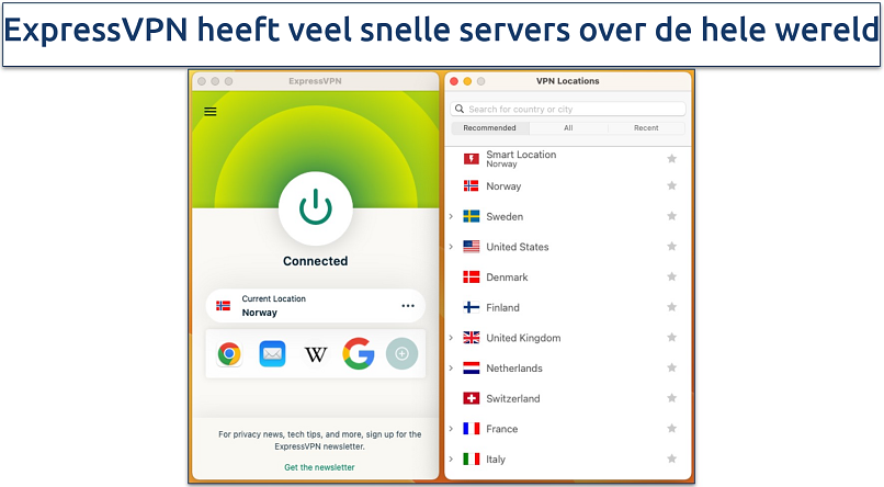 Screenshot van de serverlijst in de ExpressVPN app