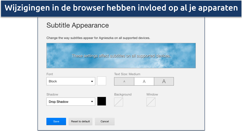 Schermafbeelding van de instellingen van Netflix Subtitle Appearance in een webbrowser.
