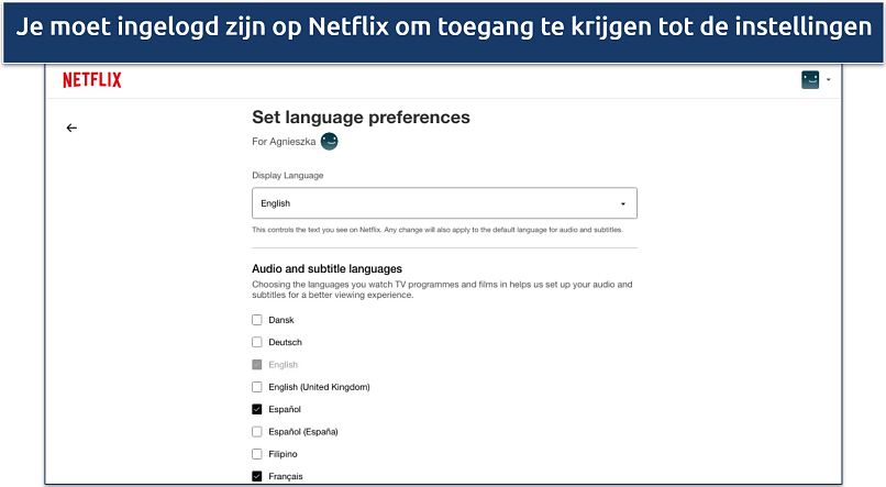 Screenshot van de taalvoorkeur instellingen op de Netflix-website.