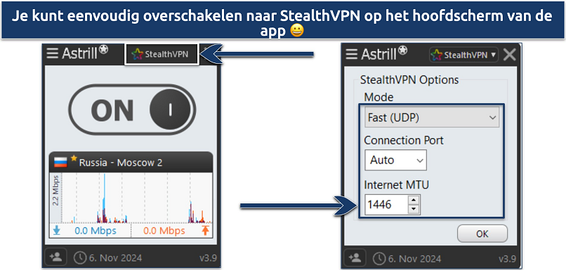 Screenshot of Astrill VPN's app interface connected to Russian server, highlighting StealthVPN protocol