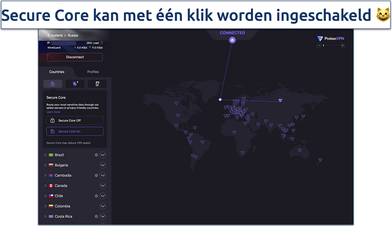 Screenshot of ProtonVPN's interface showing an active VPN connection