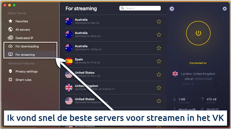 Screenshot van de voor streamen geoptimaliseerde servers in de CyberGhost macOS-app