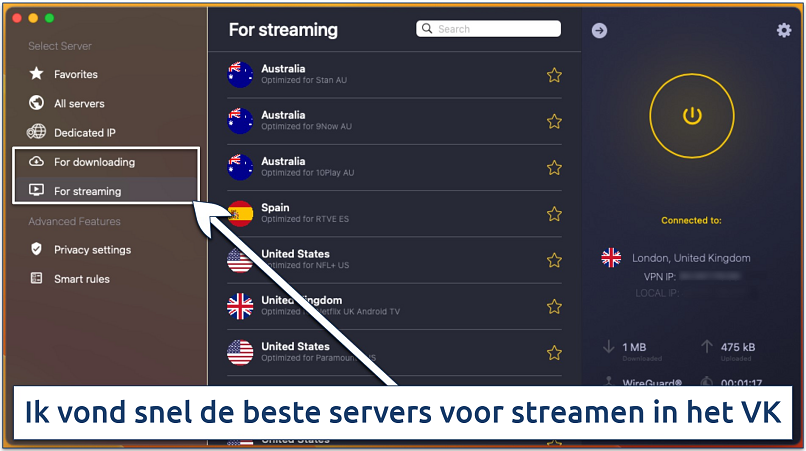 Screenshot van de voor streamen geoptimaliseerde servers in de CyberGhost macOS-app