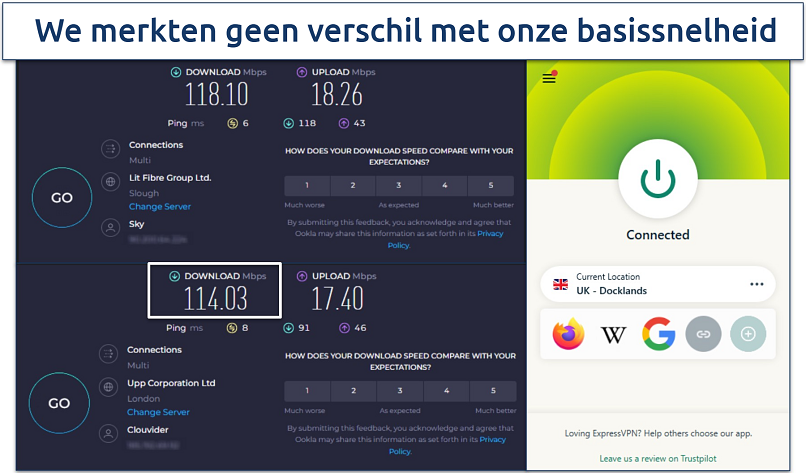 Schermafbeelding van een snelheidstest op de UK servers van ExpressVPN
